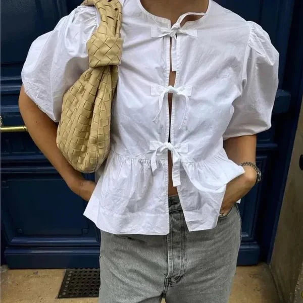 Jemima Puffärmel-Bluse mit Krawatten-Verschluss